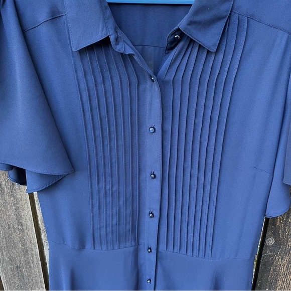 Nanette Lepore Navy Blue Pintuck Pleat Flutter Sleeve Button Down Dress Sz 12 - Picture 7 of 14